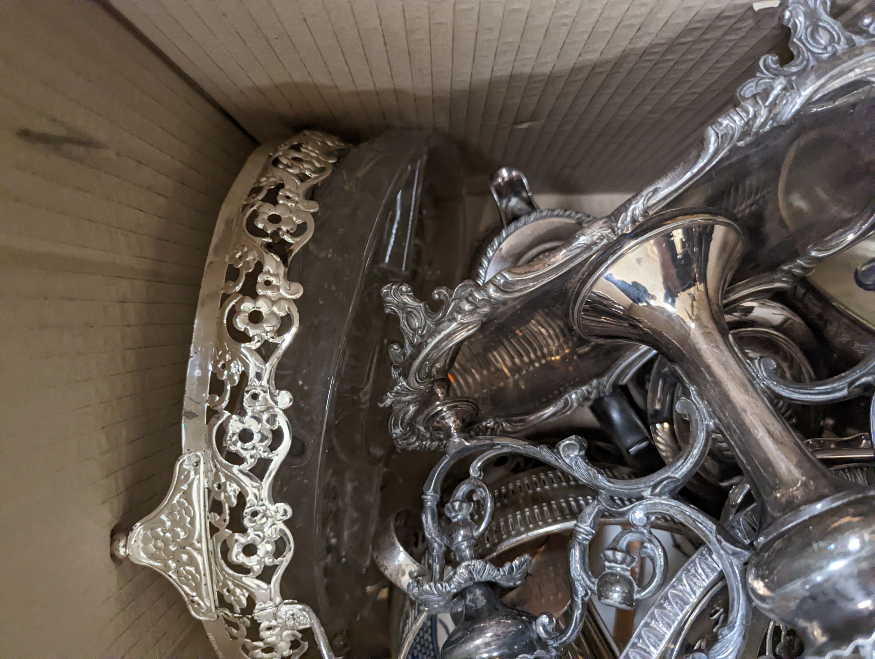 A 3 piece plated tea set, candelabra, tray and mixed silver plate